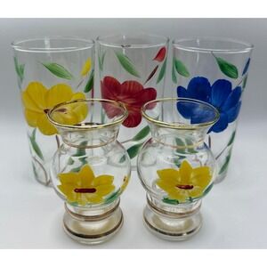 Vintage Hand Painted Floral Glasses & Bud Vases Set Gold Trim Cottage Farmhouse